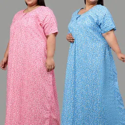clochoice Women's Printed Cotton Floral Jumbo Maxi Nighty Round Neck Full Length Nightwear Night Gown Nightdress Plus Size Combo Pack image 3