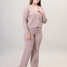 camey Women's Long Sleeve V-Neck Open Button Woolen Co-Ord Set image 3