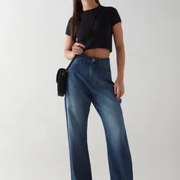 bewakoof Women's 100% Cotton Solid Wide Leg Jeans image 4