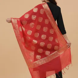 banjara india Banarasi Handloom Kora Silk Zari Dupatta with Gold Floral Pattern, 2.25 Metres image 3