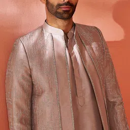 vastramay Men's Silk Blend Sherwani Set, Silk Blend embroidered Indo Western, Kurta And Pant Set for Men for Weddings & Festivals, Traditional Ethnic Wear Outfit image 2