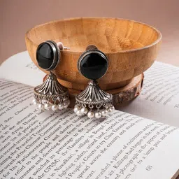 el regalo Ethnic Oxidized Stone Stud Jhumka Earrings for Girls/Women- Exquisite Silver Lookalike Jhumki image 2