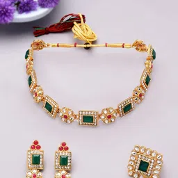 zaveri pearls Green & Pink Stones Ethnic Collar Bone Necklace Earring & Ring Set For Women-ZPFK11665 image 2