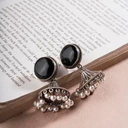 el regalo Ethnic Oxidized Stone Stud Jhumka Earrings for Girls/Women- Exquisite Silver Lookalike Jhumki image 4