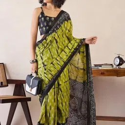 saree mall Women's Blue Cotton Bandhani Printed Ready To Wear one Minute Saree With Unstitched Blouse image 4