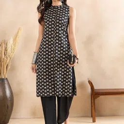 miss fame Women's Sleeveless Printed Cotton Kurta with Palazzo - (Brown) image 2