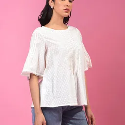 crimsoune club Women's White Embroidered 100% Cotton Top image 4