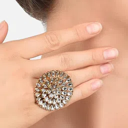 zaveri pearls Gold Tone Kundan Flower Adjustable Finger Ring For Women-ZPFK10176 image 4