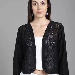fineme Women Fashion Front Open Casual Wear Self Designed 3/4th Sleeves Lace Shrug (Black, 7XL) image 2