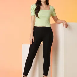 globus Women Black Stretchable Slim Fit Treggings with Zipper Pocket Closure image 5