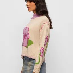 the souled store Room to Bloom Women and Girls Long Sleeves Round Neck Beige Embroidered Acrylic Oversized Sweaters image 3