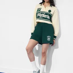 the souled store Harry Potter: Slytherin Prefect Women and Girls Long Sleeves Collared Neck Off White Graphic Printed Cotton Cropped Rugby Polos image 2