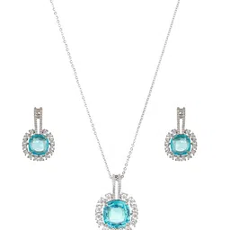 saraf rs jewellery WhitePlatedAqua AD Studded Statement Locket Jewellery Set image 5
