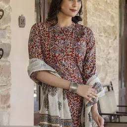 gosriki GoSriKiWomen's Cotton Blend Printed Straight Kurta With Palazzo & Dupatta image 5