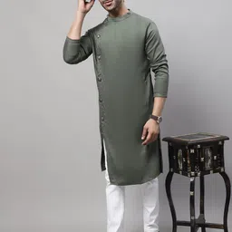 even Men's Collection Ethnic Wear Pure Cotton Solid Regular Sherwani Kurta with Asymetrical CutSWC-SLD1230-GR2C-P image 3