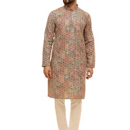 sojanya (Since 1958 Men's Cotton Silk Gold Thread Floral Embroidered Kurta with White Pyjama image 1