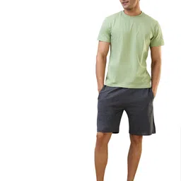 raymond SleepZ Men Regular Fit Solid Pattern Pure Cotton Round Neck T Shirt with Shorts image 1
