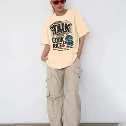 leotude Oversized Half Sleeve Tshirt for Women, Round Neck Longline Printed Drop Shoulder T-Shirt (Color Beige) image 5