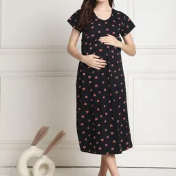 secret wish Printed Hosiery Short Maternity Feeding Nighty/Nursing/Zipper/Hosiery/Printed/Calf Length image 2