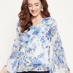 n.h.k.a. Bitterlime Floral Printed Georgette Flared White and Blue Top image 3