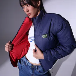 hubberholme Women Black reversible Puffer Jacket Oversized Stand Collar Jackets HHWJKW23005_BK_S image 3