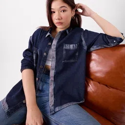 the souled store Aster Denim Women and Girls Long Sleeves Collared Neck Button Front Blue Cotton Oversized Shackets image 3