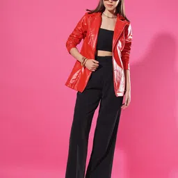 tandul Women Striking Red Leather Blazer – Stylish Slim Fit Faux-Leather Jacket for Women's, Trendy Sleeve Open Front Blazer's, Elegant Coat for Casual, Party & Office Wear image 3
