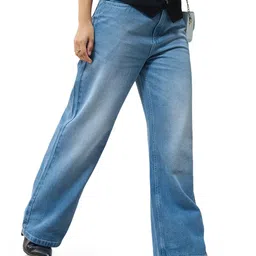 bewakoof Women's 100% Cotton Solid Wide Leg Jeans|Wide Leg Jeans – Oversized Fit | Full Length | Relaxed Denim image 2