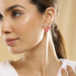rubans Women's Rose-Gold Plated Peacock Shaped Ruby Studded Earrings image 2