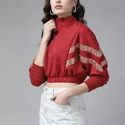 kassually Women Sweatshirt Women Red Solid Crop Sweatshirt image 4