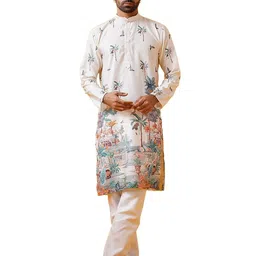 sojanya (Since 1958 Men's Cotton Krochet Daman Print Cream Kurta with White Pyjama image 1