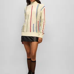 the souled store Pointelle Knitted Sweater: Eden Women and Girl Long Sleeves Turtle Neck Off White Striped Acrylic Oversized Sweaters image 2