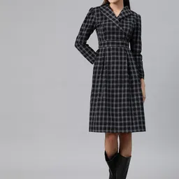cottinfab Women Black and White Checked Cotton Lapel Collar Blazer Dress Long Sleeves image 2