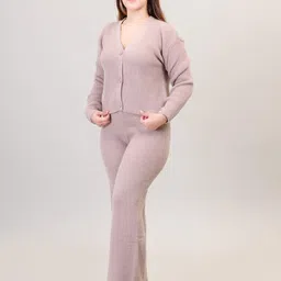camey Women's Long Sleeve V-Neck Open Button Woolen Co-Ord Set image 4