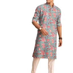 shvaas by vastramay Men's Aqua And White Cotton Kurta And Pyjama Set-AA311 image 1