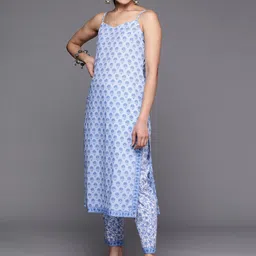 libas Blue Printed Cotton Straight Kurta With Trousers & Dupatta image 2