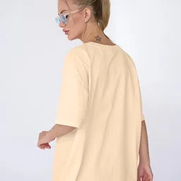 leotude Oversized Half Sleeve Tshirt for Women, Round Neck Longline Printed Drop Shoulder T-Shirt (Color Beige) image 4