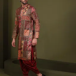 kisah Men's Maroon Printed Cotton Kurta – Regular Fit Long Tunic with Mandarin Collar | Ethnic Wear for Weddings & Festive Occasions image 3