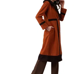 poshbery Rust and Brown full sleeve single breasted button knee length fur detail coat. image 3