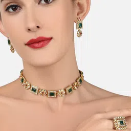 zaveri pearls Green & Pink Stones Ethnic Collar Bone Necklace Earring & Ring Set For Women-ZPFK11665 image 3