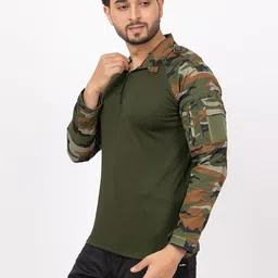 rangers Men's Camouflage Printed Tactical Olive Polyester Polo Zip Full Sleeve T-Shirt | Valcro Pockets | Side Arm Zip | Sweat Absorbing image 2