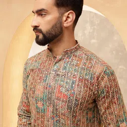 sojanya (Since 1958 Men's Cotton Silk Gold Thread Floral Embroidered Kurta with White Pyjama image 5