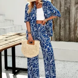 gufrina Women's Blue and White Abstract Print Co-Ord Set, Half Sleeve Shirt and Wide Leg Pants image 5