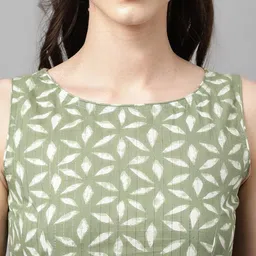 miss fame Women's Sleeveless Printed Cotton Kurta with Palazzo and Dupatta - (Green) image 5