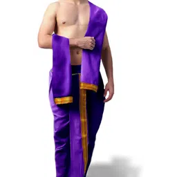 spewim Men's PolySilk Readymade Mahraj Dhoti with Dupatta Elastic Ready to Wear Dhoti Pant Free Size Traditional Ethnic Wear for Weddings, Pujas & Festivals | Comfortable Fit, Easy to Wear image 1