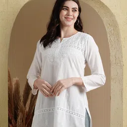 ada Women's Straight Cotton Top Tunic Handmade Lucknow Chikankari Short Kurti A100595 White image 5