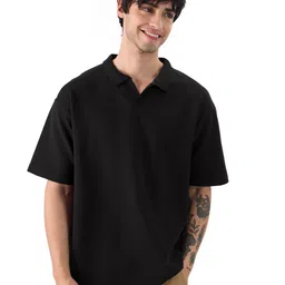 the souled store Solids: Regal Black Men and Boys Short Sleeves Collared Neck Cotton Blend Oversized Polos image 1