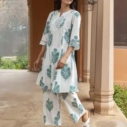 fiorra Women's White Cotton Flared Kurta Set image 3