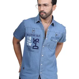 d... finish Men's Denim Casual Shirt | Denim Half Sleeve Shirt image 1