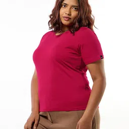 bewakoof Women's Solid Regular Fit Half Sleeve Round Neck Cotton Plus Size T-Shirt image 2